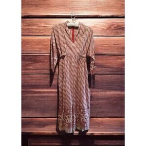 Danville Womens Large Vintage 70's Dress Maxi Cotton Batik Print Brick Red Beige